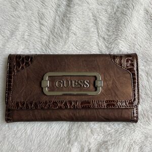GUESS Metallic Brown Bi-Fold Wallet Clutch Faux Croc Trim Y2K Logo Accents